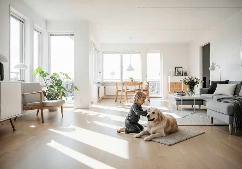 Ljus och modern hyreslägenhet i Jönköping med öppen planlösning, stora fönster och vardagsrum där ett barn sitter tillsammans med en hund på golvet.
