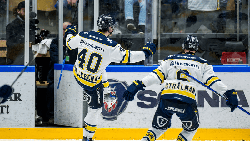 Två hockeyspelare från HV71 firar ett mål framför avbytarbåset under en ishockeymatch.